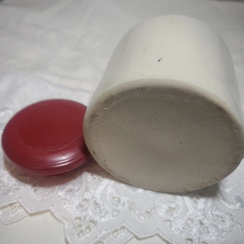 Vintage Stoneware Crock French Mustard Jar w/ Red Plastic Lid Salt Glazed Sturdy